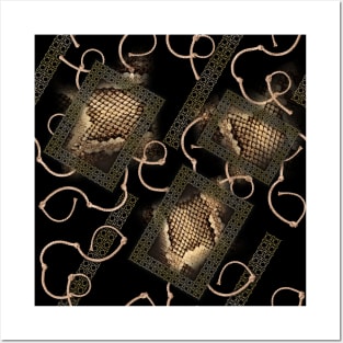 Snake, crocodile skin texture with gold frames and ropes Posters and Art